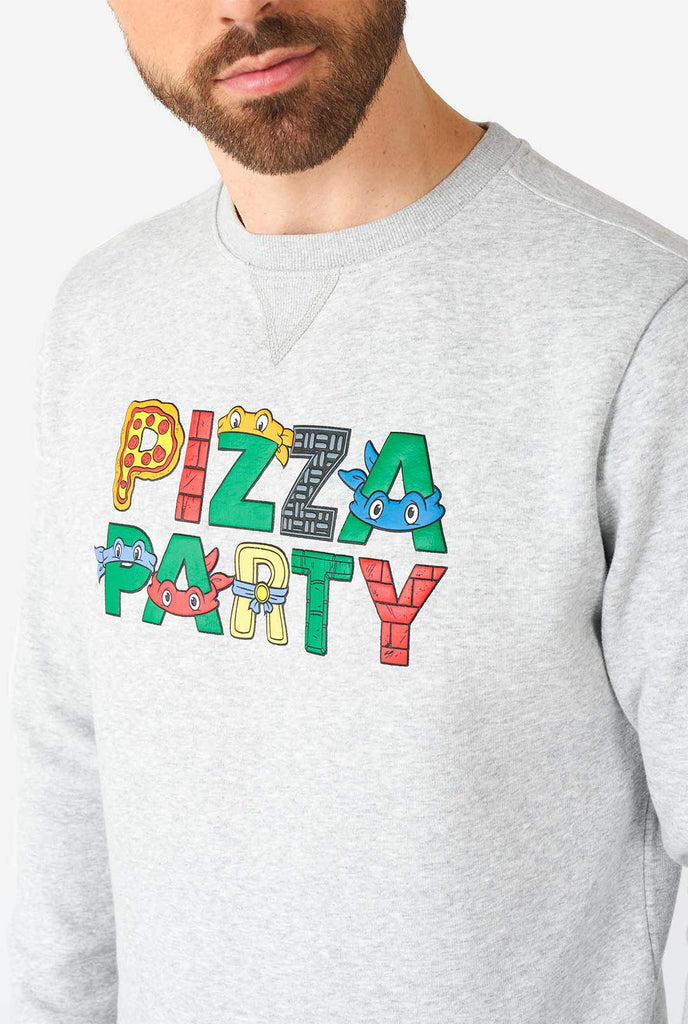 Man wearing grey Pizza Party quote sweater