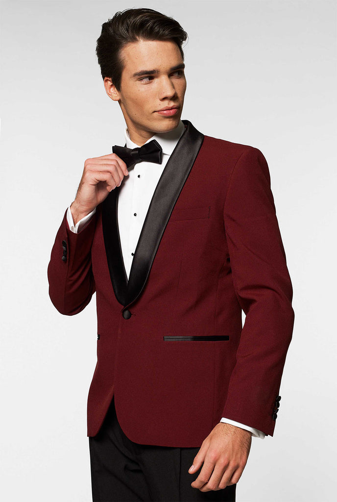 Burgundy red and black tuxedo Hot Burgundy worn by men