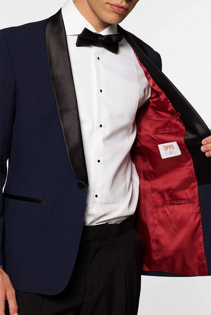 Blue and black tuxedo Midnight Blue worn by men zoomed in