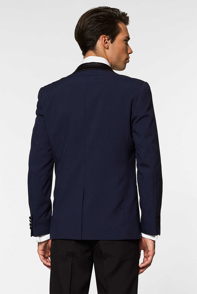 Blue and black tuxedo Midnight Blue worn by men zoomed in