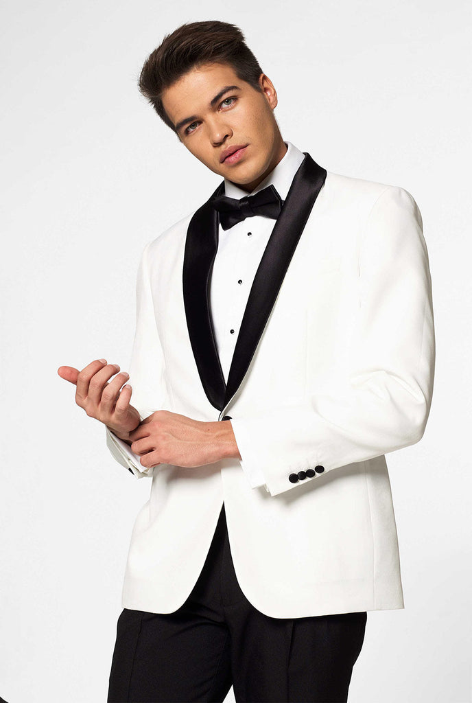 White with black tuxedo suit Pearly White worn by man closed up blazer