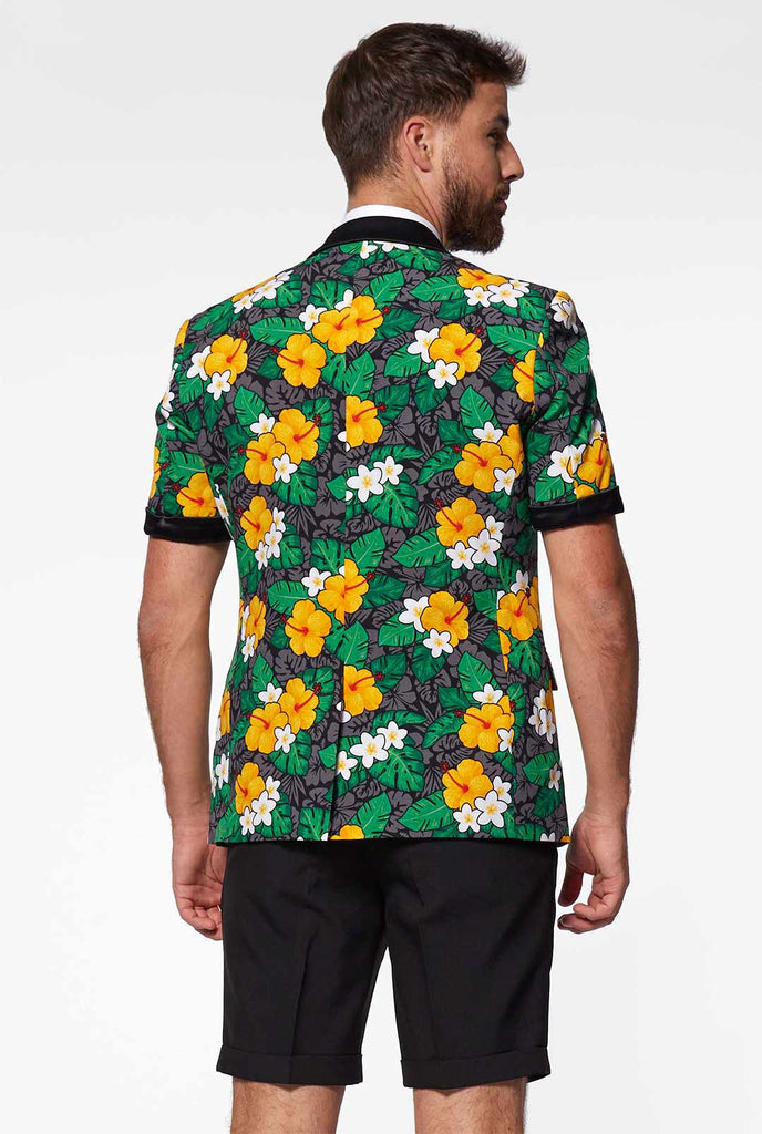 Man wearing summer tuxedo with flower print
