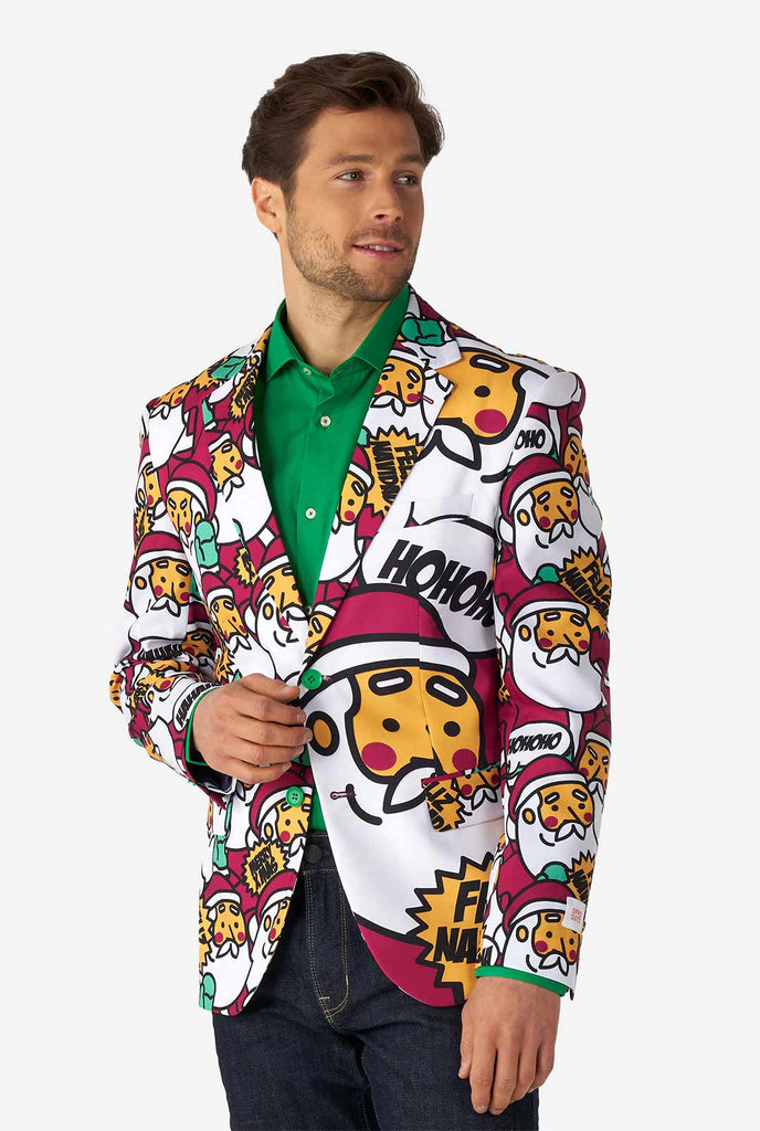 Man wearing Christmas blazer with Santa print