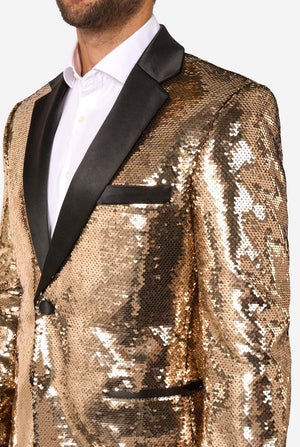 Gold sequin tuxedo jacket with black lapels on a white background