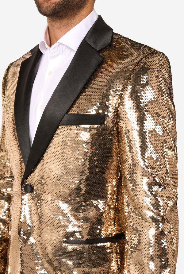 Gold sequin tuxedo jacket with black lapels on a white background