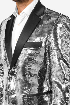 Silver sequin jacket with black lapels on a white background