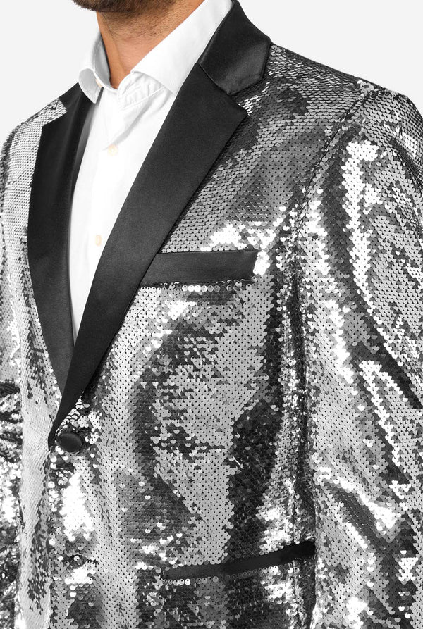 Silver sequin jacket with black lapels on a white background