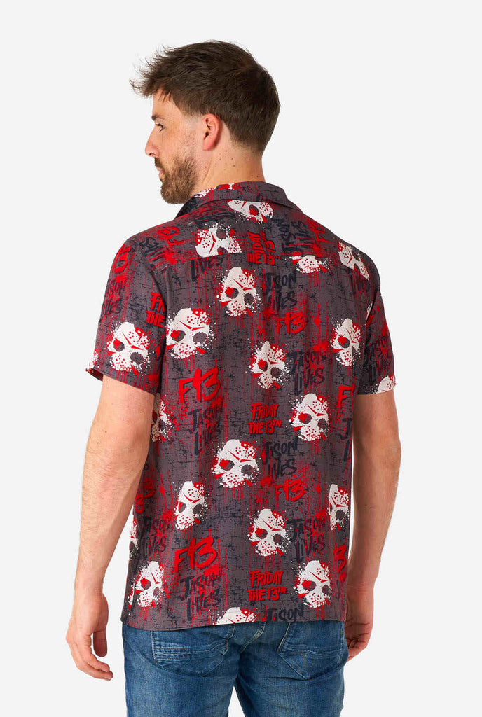 Man wearing Halloween Shirt with Friday the 13th Print, view from the back