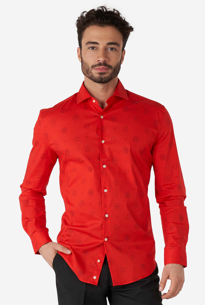 Man wearing red dress shirt with Christmas icons