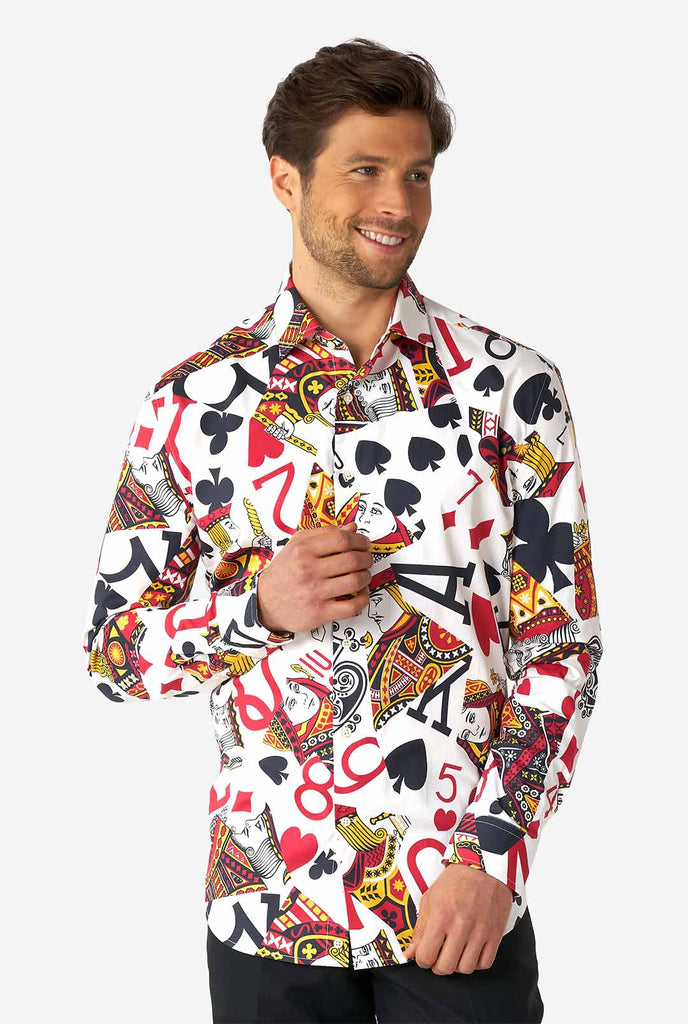 Man wearing dress shirt with playing card print