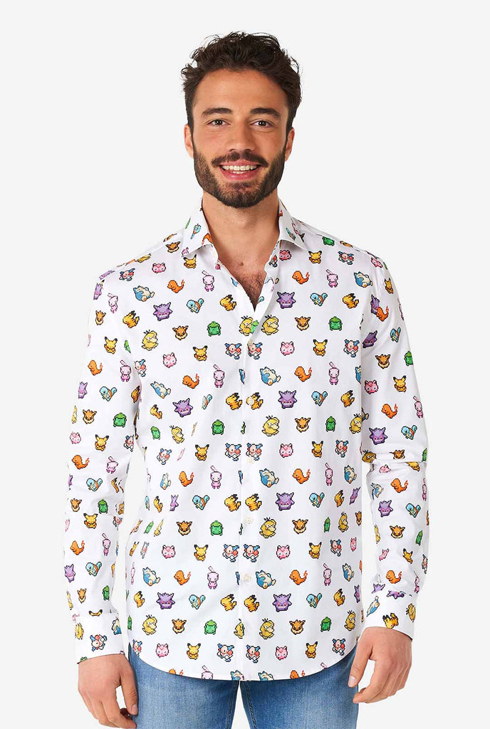 Man wearing white dress shirt with Pokemon icons