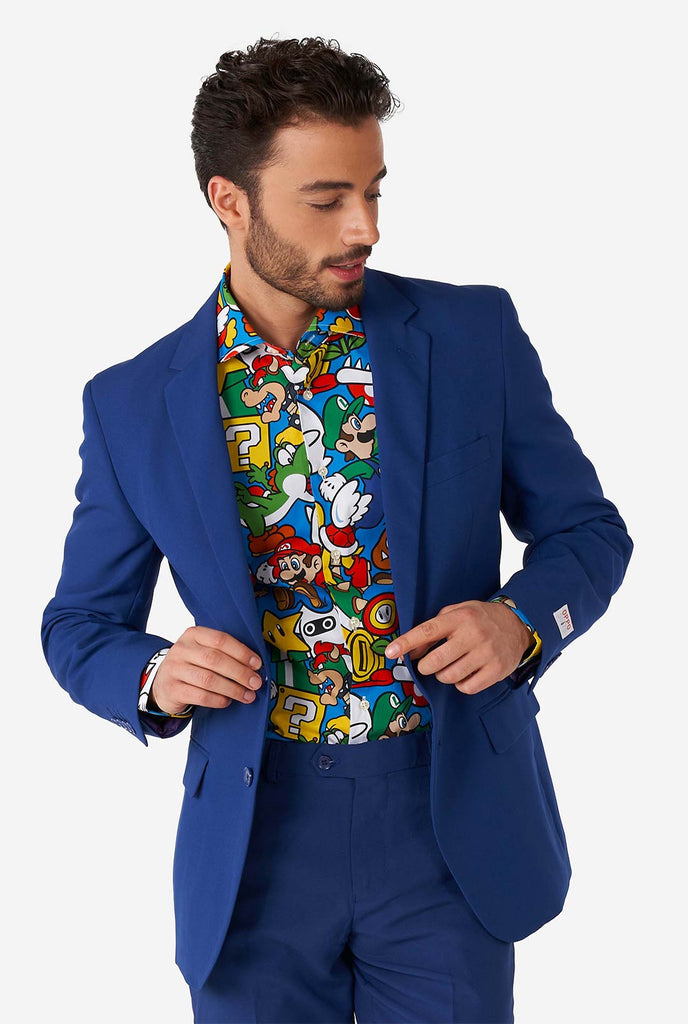 Man wearing dress shirt with Super Mario icons print