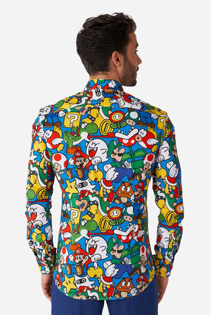 Man wearing dress shirt with Super Mario icons print