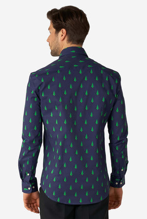 Man wearing blue dress shirt with Christmas tree print