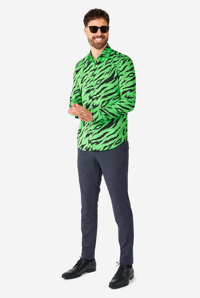 Man wearing neon green dress shirt with tiger stripes 