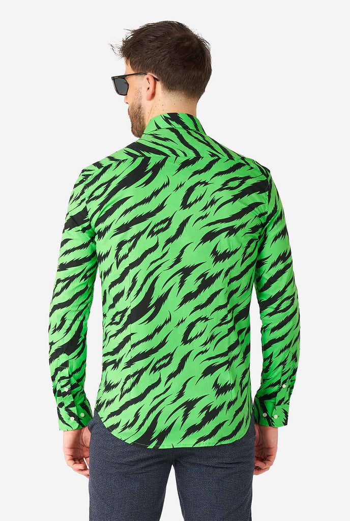 Man wearing neon green dress shirt with tiger stripes 