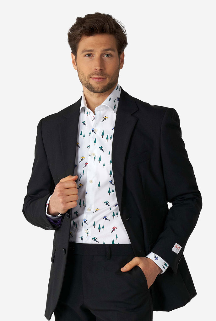 Man wearing white dress shirt with winter print