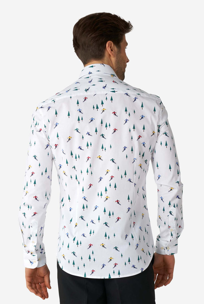 Man wearing white dress shirt with winter print