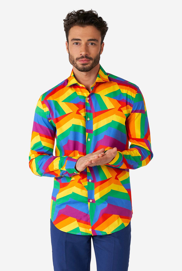 Man wearing colorful rainbow pride dress shirt