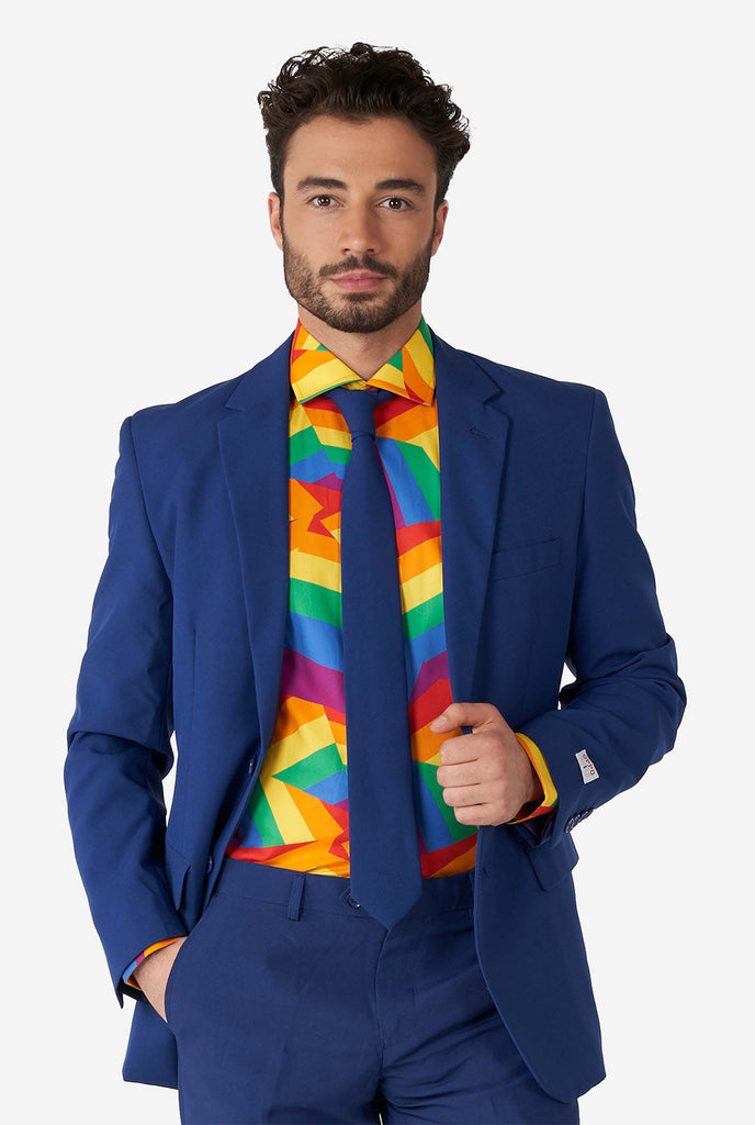 Man wearing colorful rainbow pride dress shirt