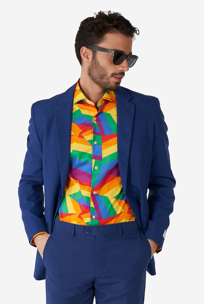 Man wearing colorful rainbow pride dress shirt