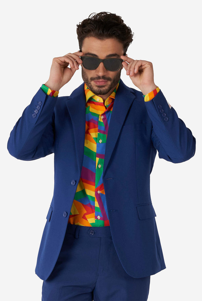Man wearing colorful rainbow pride dress shirt