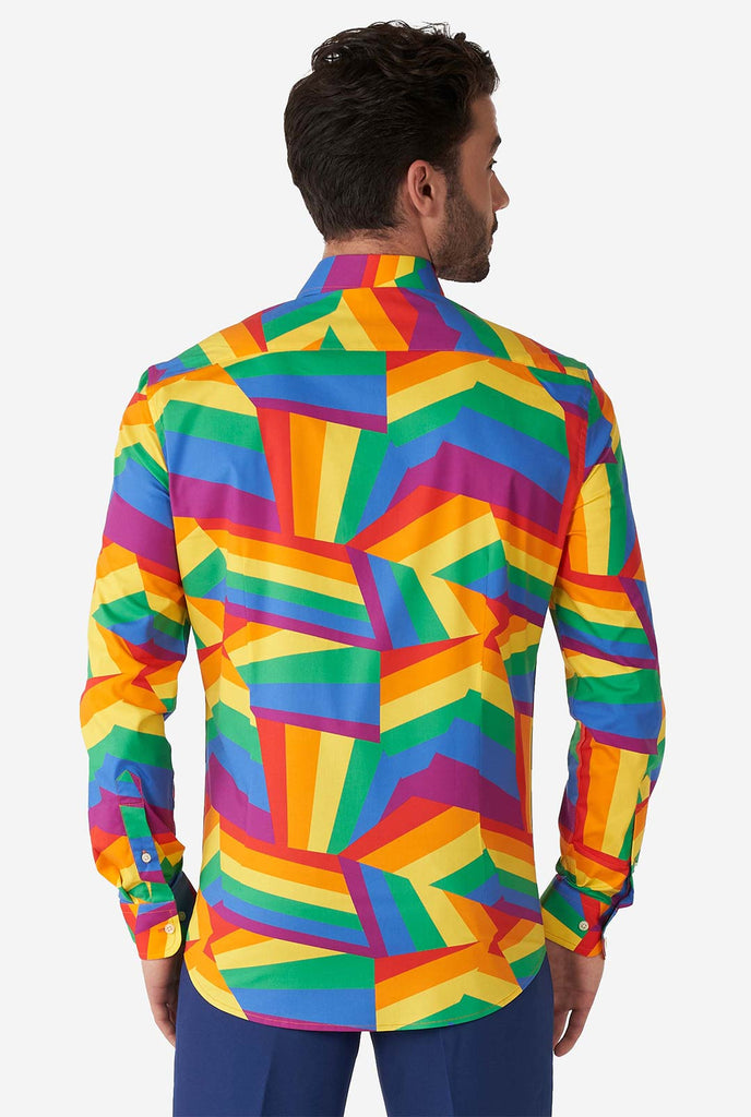 Man wearing colorful rainbow pride dress shirt