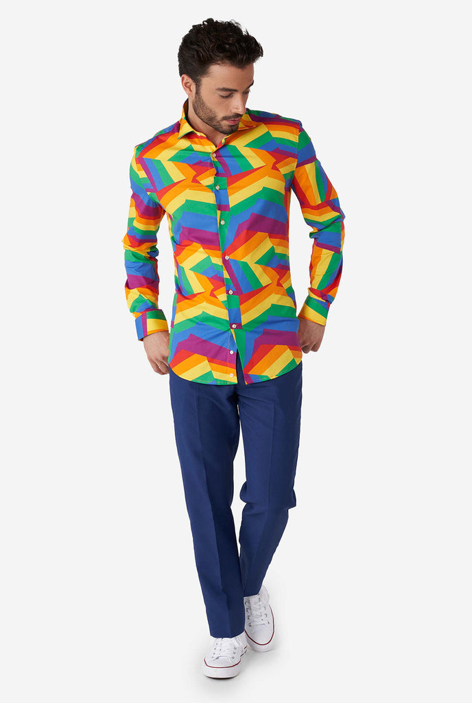 Man wearing colorful rainbow pride dress shirt