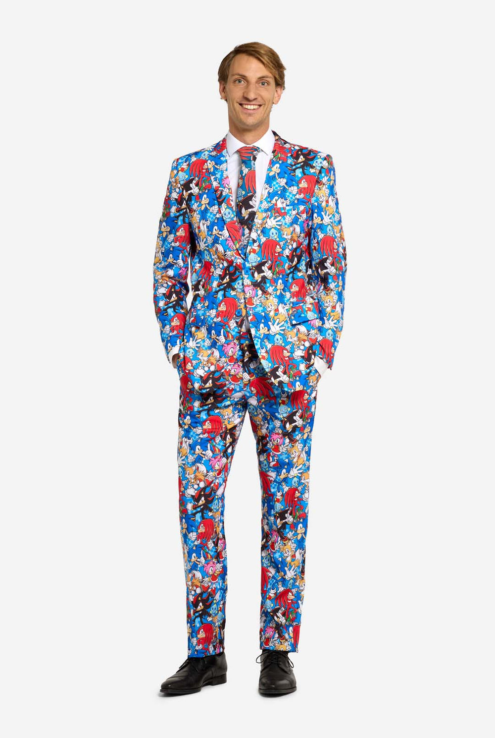 Man wearing colorful mens suit with Sonic the Hedgehog print.