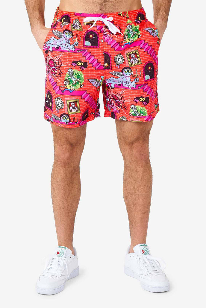 Man wearing summer outfit, consisting of short and shirt, with Rick and Morty print