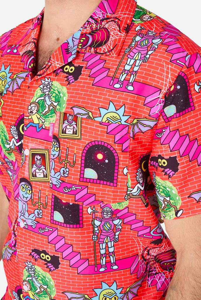 Man wearing summer outfit, consisting of short and shirt, with Rick and Morty print
