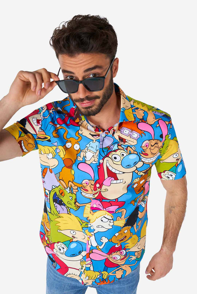 Man wearing summer shirt with Nickelodeon characters print