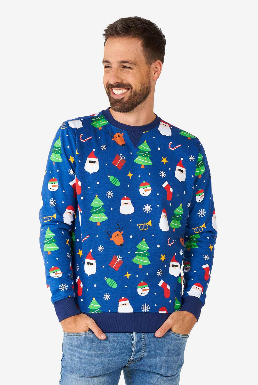 Man wearing blue Christmas sweater with Christmas icons