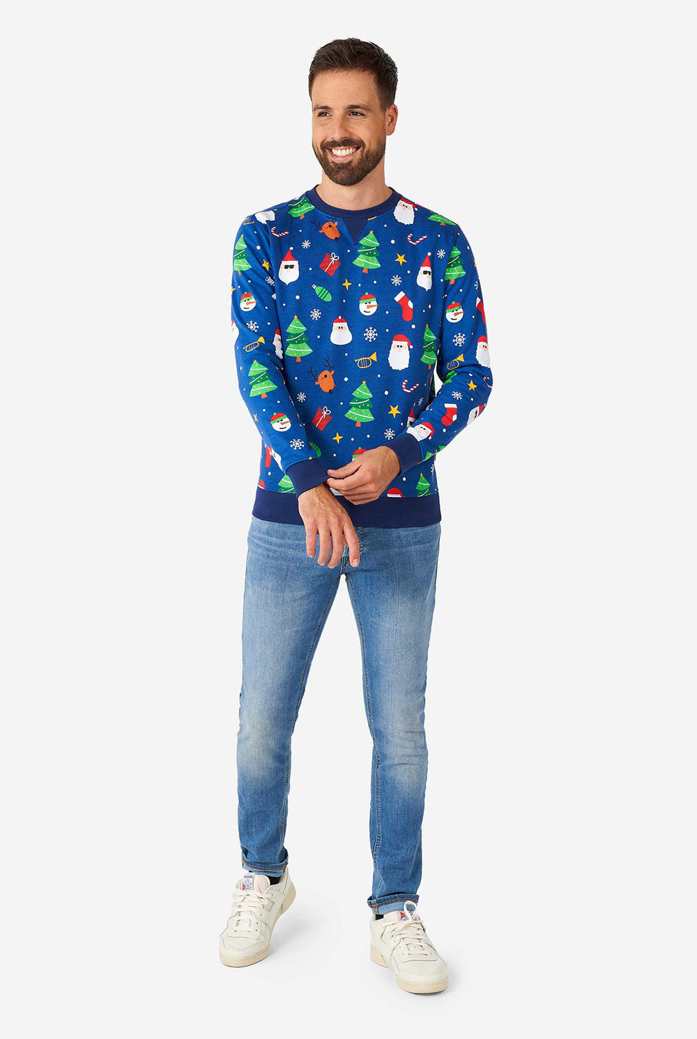 Man wearing blue Christmas sweater with Christmas icons