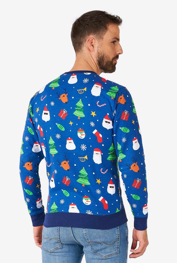 Man wearing blue Christmas sweater with Christmas icons