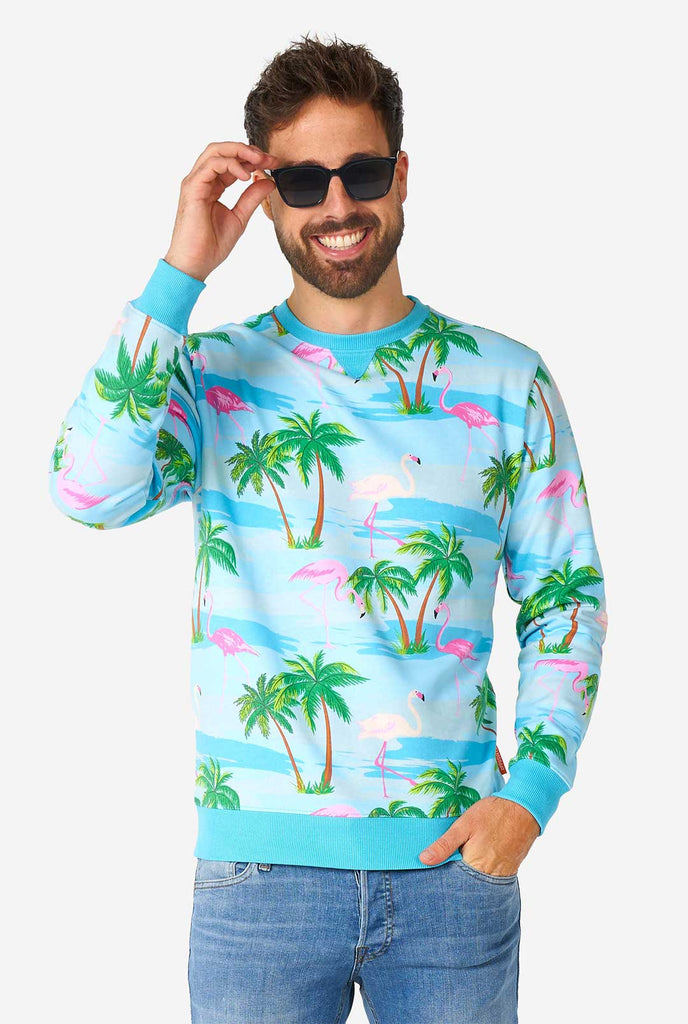 Man wearing blue sweater with tropical flamingo print