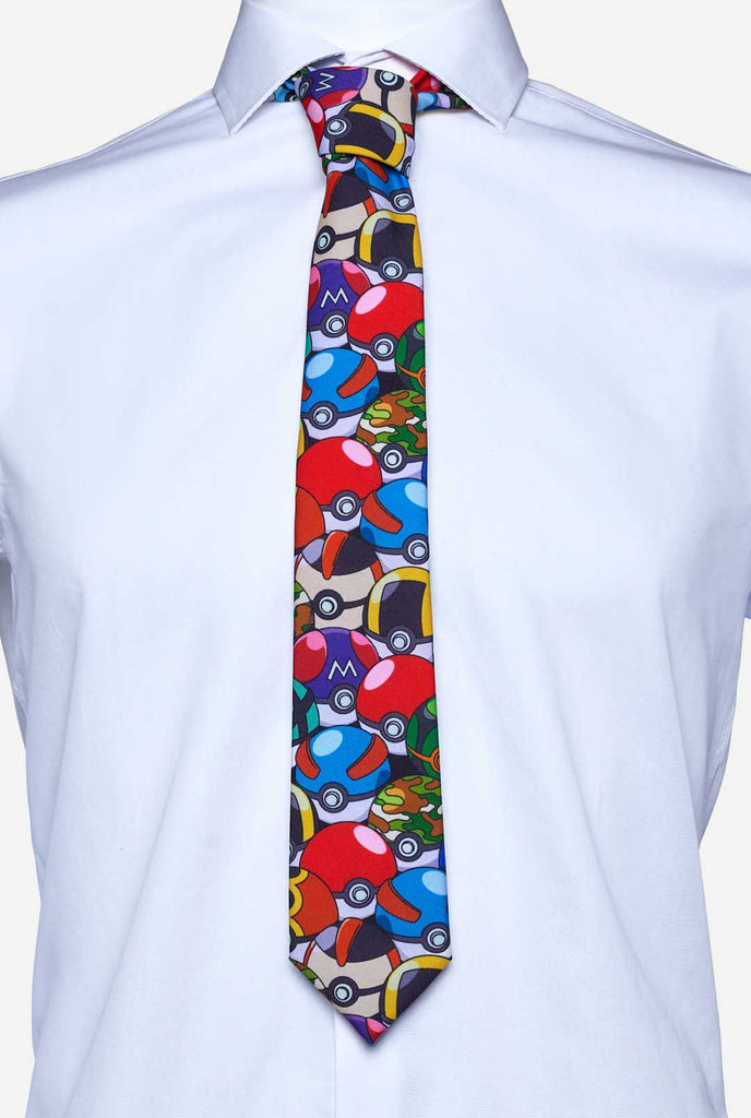 Multicolour tie with Pokemon Pokeballs print