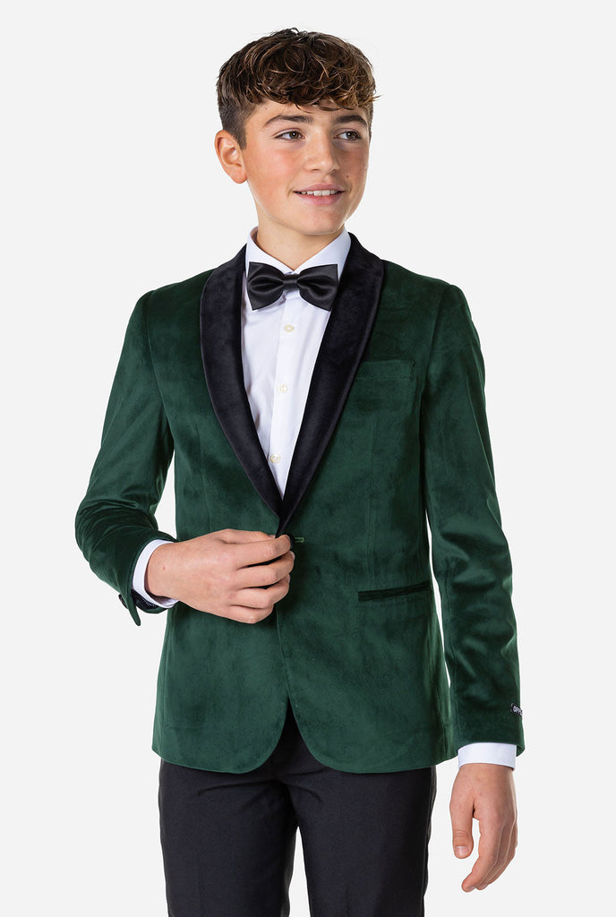 Teen wearing green velvet Christmas Dinner Jacket