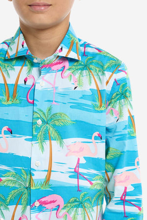 Shirt with flamingo and palm tree pattern on a white background