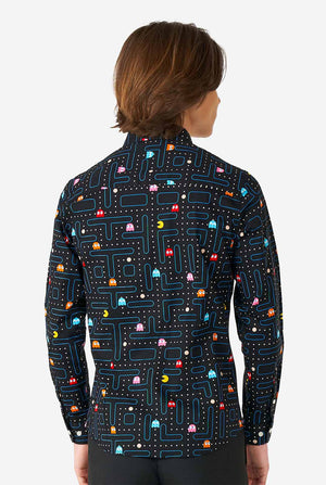 Teen wearing black dress shirt with Pac-Man print