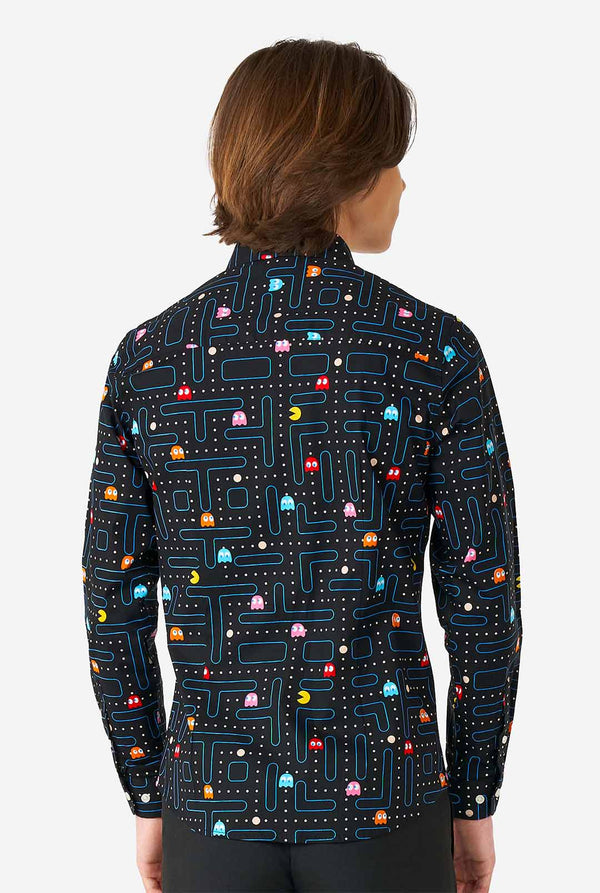 Teen wearing black dress shirt with Pac-Man print