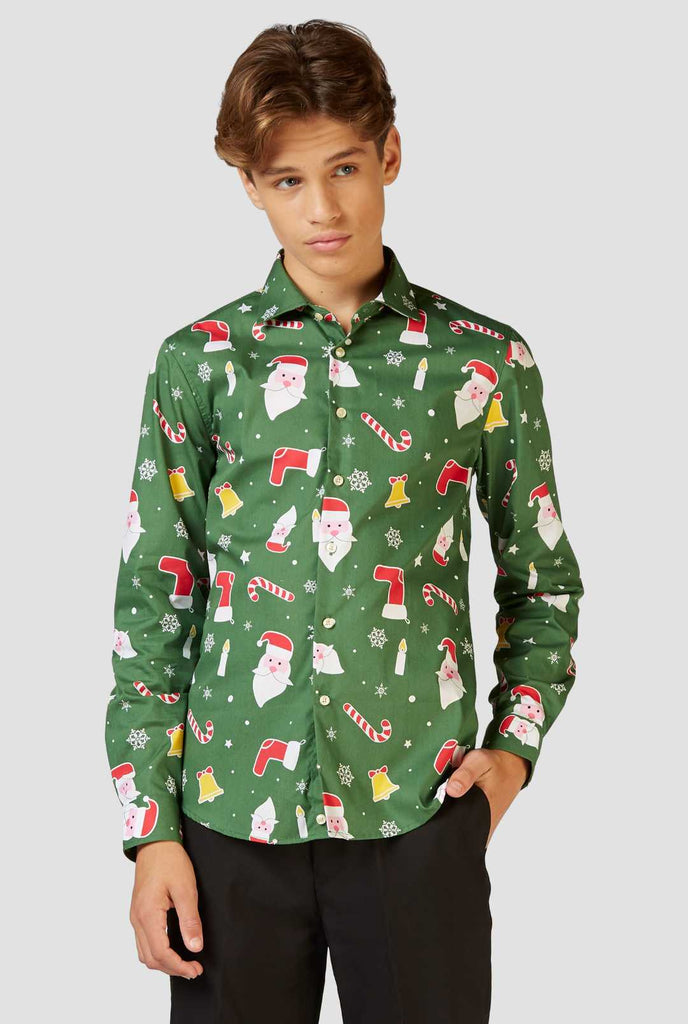 Funny green Christmas dress shirt Santaboss worn by a teen boy zoomed in