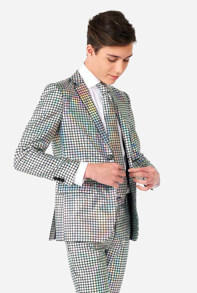 Teen wearing formal suit with mirror discobal print