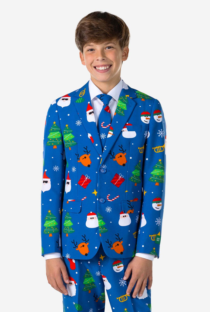 Teen wearing formal blue Christmas suit