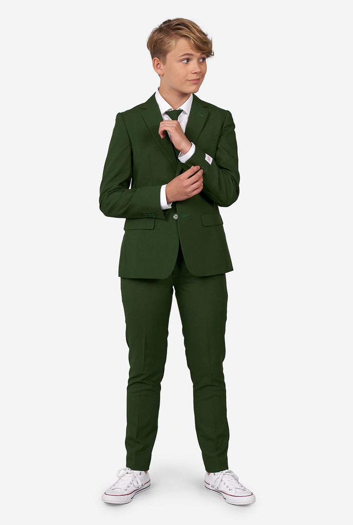 Teen wearing formal dark green suit