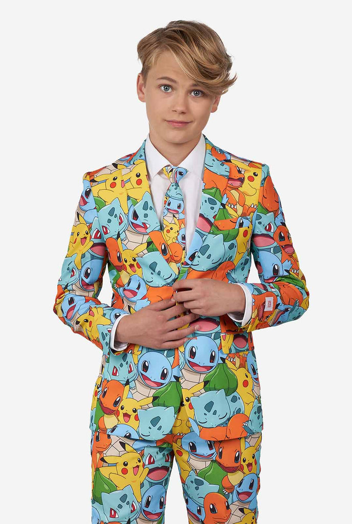 Teen wearing formal multi color suits with Pokemon print