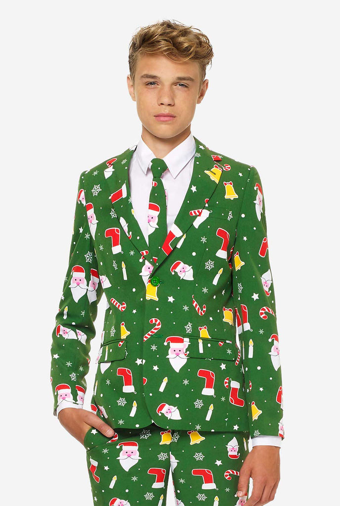 Teen wearing green Christmas suit 