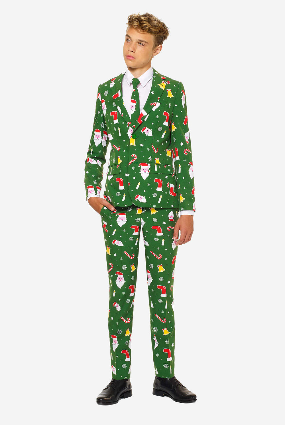 Teen wearing green Christmas suit 