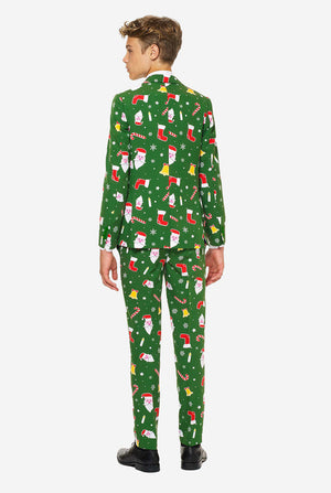 Teen wearing green Christmas suit 