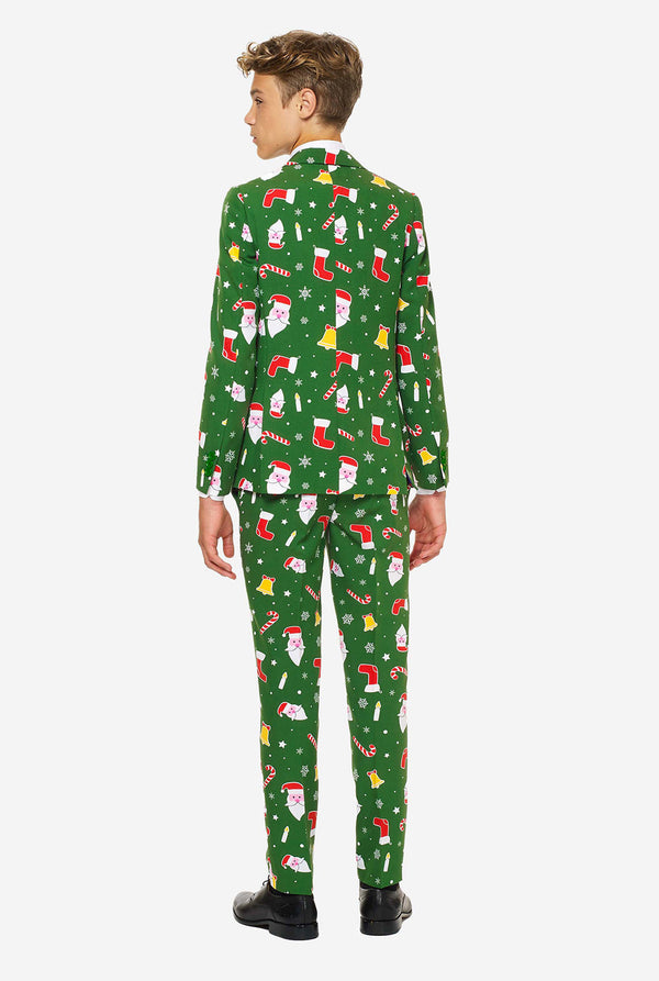 Teen wearing green Christmas suit 